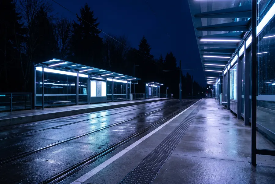 Generated scene: an empty light-rail platform at night, wet concrete and two rails under cool white shelter lights.
